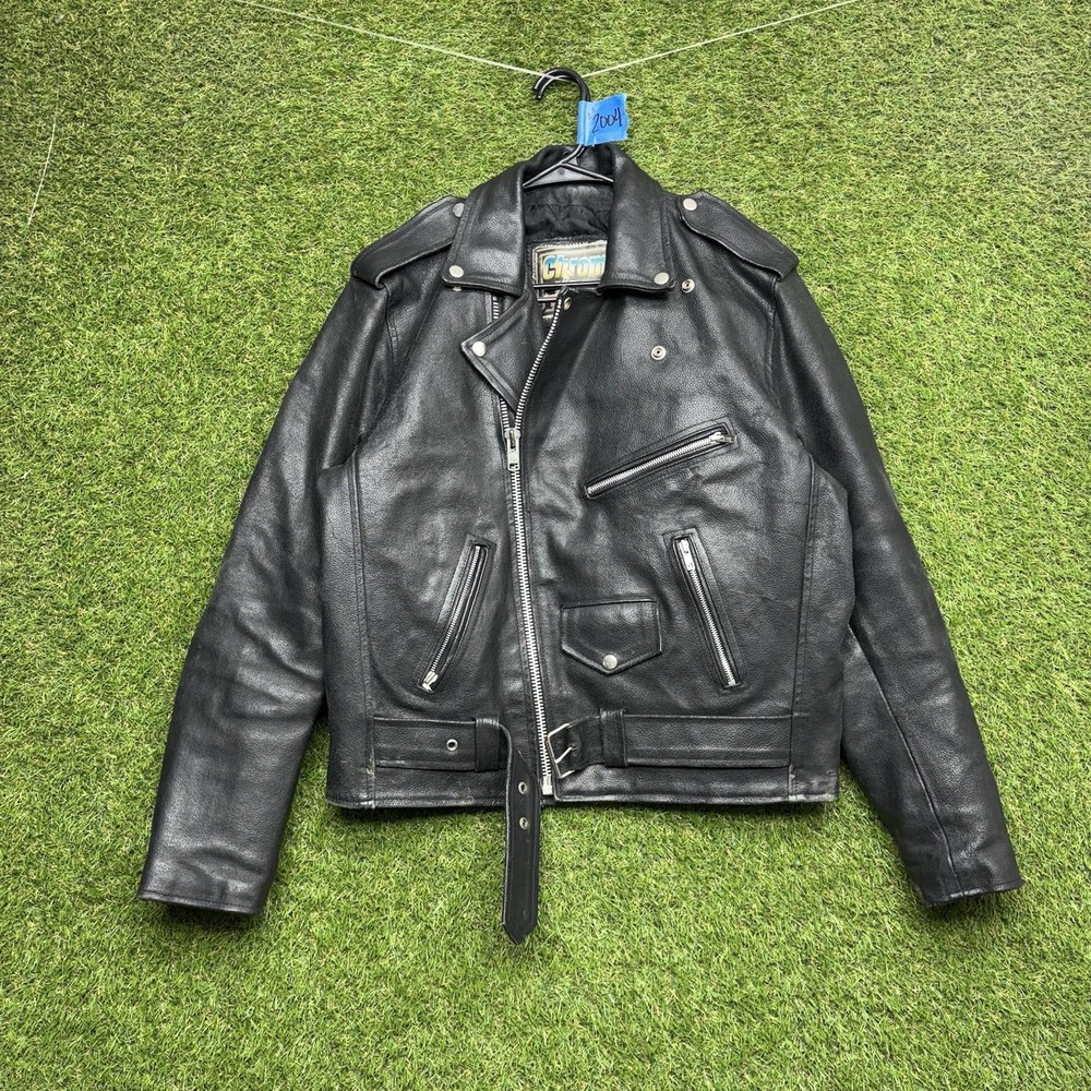 Vintage Chrome Gear Leather Motorcycle Jacket Mens 40 Biker Ride Grunge y2k